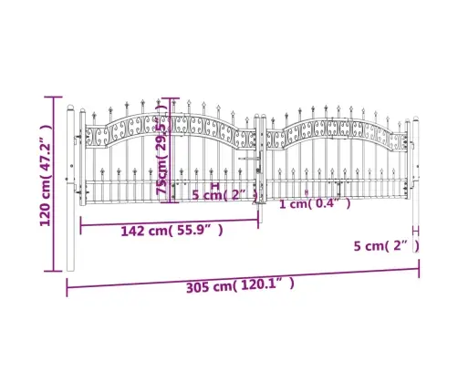 Tvoros Vartai Su Ietimi Viršuje, Juodi, 305X75cm Milteliniu Būdu Dažytas Plienas