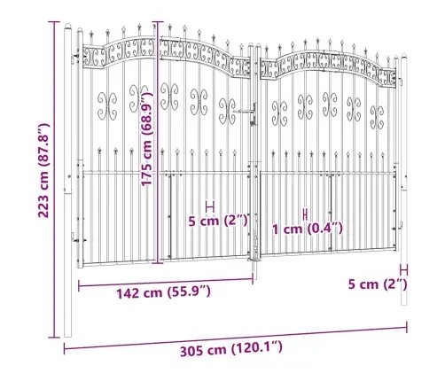 Tvoros Vartai Su Ietimi Viršuje, Juodi, 305X175 cm Milteliniu Būdu Dažytas Plienas