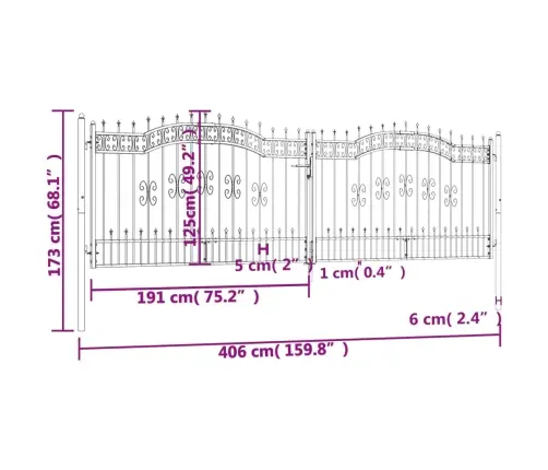 Tvoros Vartai Su Ietimi Viršuje, Juodi, 406X125 cm Milteliniu Būdu Dažytas Plienas