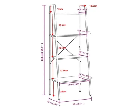Pastatoma Lentyna, 4 Aukštų, Tamsiai Ruda/Juoda, 56X35X140Cm