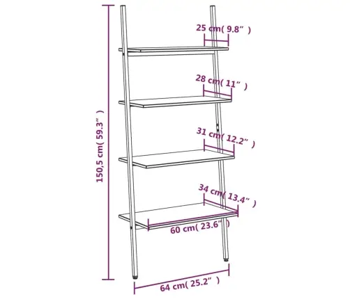 4-Līmeņu Slīps Plaukts, Gaiši Brūns Un Melns, 64X34X150,5 Cm Vidaxl