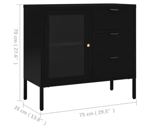 Kumode, Melna, 75X35X70 Cm, Tērauds Un Rūdīts Stikls Vidaxl