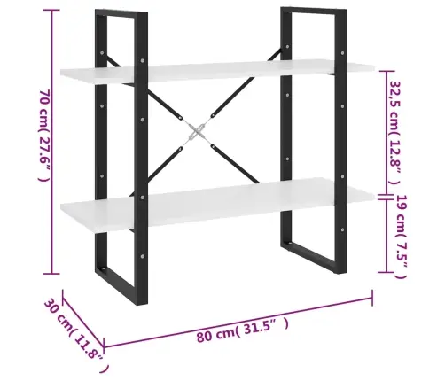 2-Korruseline Raamaturiiul, Valge, 60X30X70 cm Tehispuit