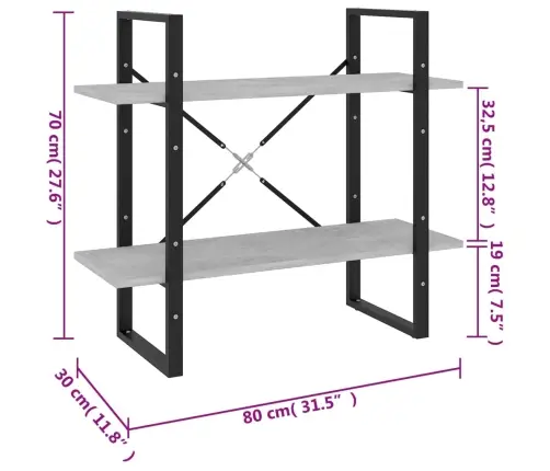 2-Līmeņu Grāmatu Plaukts, Pelēks, 80X30X70Cm, Inženierijas Koks Vidaxl