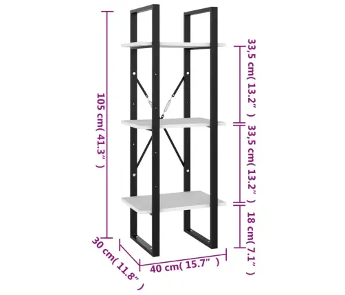 3-Korruseline Raamaturiiul, Valge, 40X30X105 cm Tehispuit