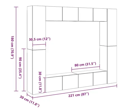8-Osaline Telerikappide Komplekt, Valge, Tehispuit