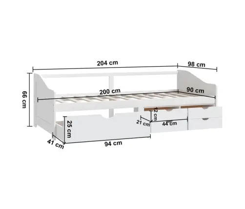 3-Vietīga Dīvāngulta Ar Atvilktnēm, Balta, Priede, 90X200 Cm Vidaxl