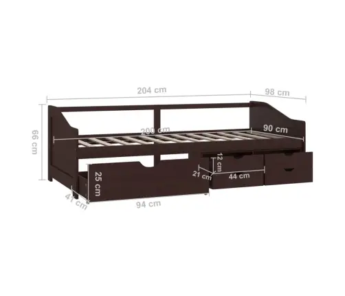 3-Vietīga Dīvāngulta Ar Atvilktnēm, Brūna, Priede, 90X200 Cm Vidaxl