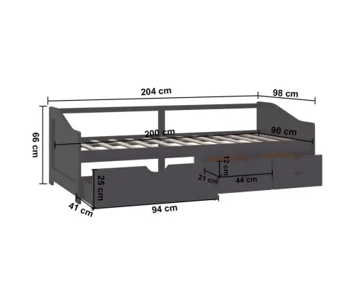 3-Vietīga Dīvāngulta Ar Atvilktnēm, Pelēka, Priede, 90X200 Cm Vidaxl
