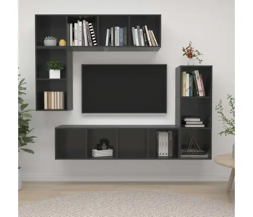 Televizoriaus Spintelių Komplektas, 4 Dalių, Pilkas, Mediena Televizoriaus Spintelių Komplektas, 4 Dalių, Pilkas, Mediena