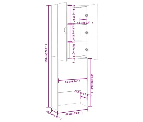 Pesumasinakapp, Valge, 64 X 25,5 X 190 Cm
