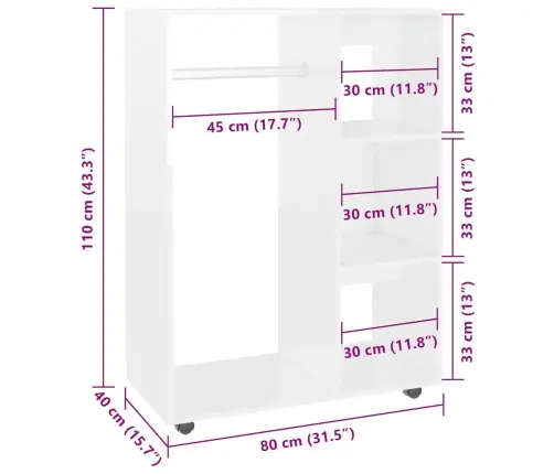 Riidekapp, Kõrgläikega Valge, 80 X 40 X 110 cm Tehispuit