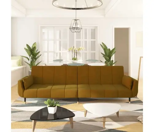 Dvivietė Sofa-Lova Su Dvejomis Pagalvėmis, Ruda, Aksomas