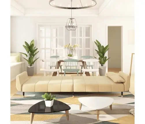 Dvivietė Sofa-Lova Su Dvejomis Pagalvėmis, Kreminė, Aksomas