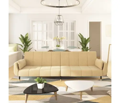 Dvivietė Sofa-Lova Su Dvejomis Pagalvėmis, Kreminė, Aksomas