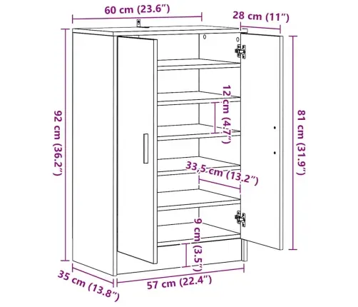 Apavu Skapis, 60X35X92 Cm, Inženierijas Koks, Ozolkoka Krāsā Vidaxl