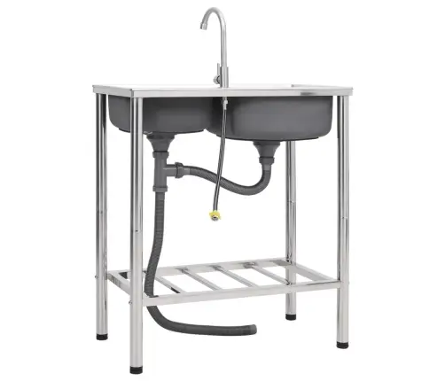 Kempinga Izlietne Ar 2 Bļodām Un Krānu, Nerūsējošs Tērauds Vidaxl