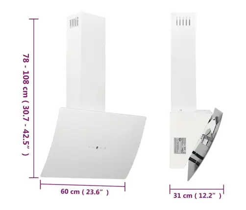 Tvaika Nosūcējs, 60 Cm, Tērauds, Rūdīts Stikls, Balts Vidaxl