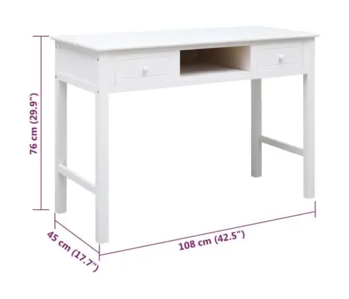 Rakstāmgalds, 108X30X76 Cm, Balts, Paulonijas Masīvkoks Vidaxl