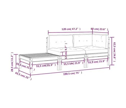 3-Daļīgs Dārza Mēbeļu Komplekts Ar Matračiem, Priedes Koks Vidaxl 3-Daļīgs Dārza Mēbeļu Komplekts Ar Matračiem, Priedes Koks Vidaxl