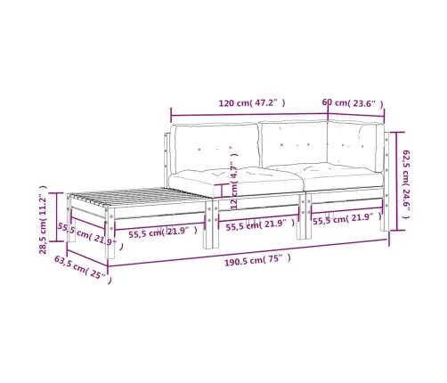 3-Daļīgs Dārza Atpūtas Mēbeļu Komplekts Ar Matračiem, Priede Vidaxl