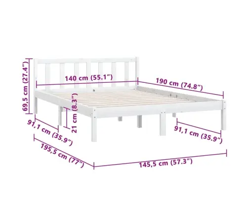 Gultas Rāmis, Balts Priedes Masīvkoks, 140X190 Cm Vidaxl