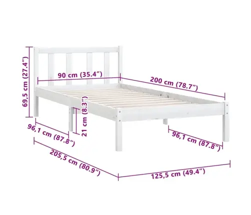 Voodiraam, Valge, Männipuit, 90 X 200 Cm