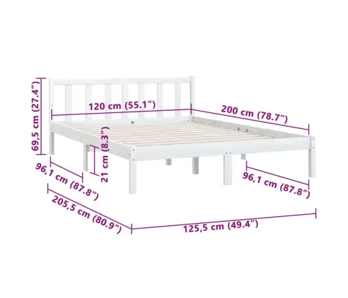 Gultas Rāmis Bez Matrača, Balts, Masīvkoks, 120X200 Cm Vidaxl