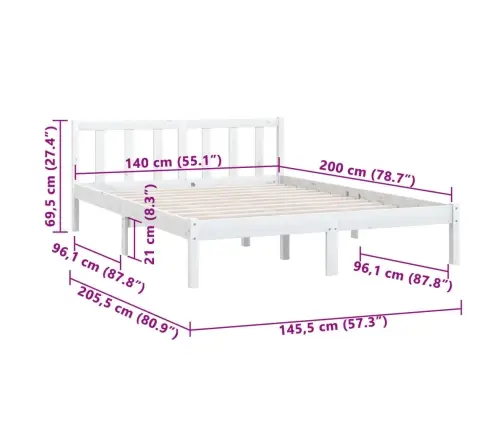 Gultas Rāmis Bez Matrača, Balts, Masīvkoks, 140X200 Cm Vidaxl