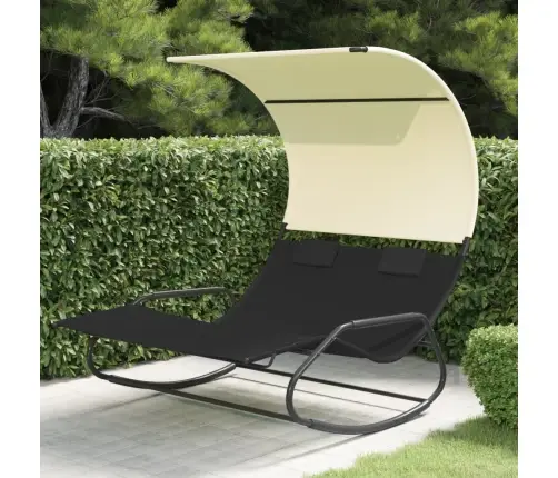Divvietīgs Sauļošanās Zvilnis Ar Jumtiņu, Melns, Krēmkrāsas Vidaxl