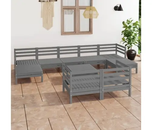 Sodo Poilsio Baldų Komplektas, 10 Dalių, Pilkas, Pušies Masyvas