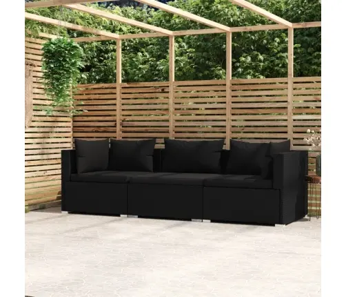 Trivietė Sofa Su Pagalvėlėmis, Juodos Spalvos, Poliratanas