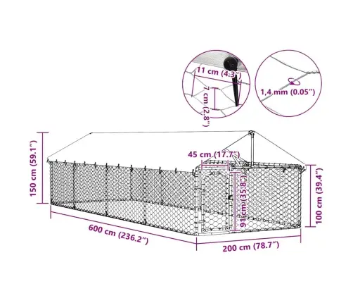 Lauko Voljeras Šunims Su Stogu, 600X200X150Cm