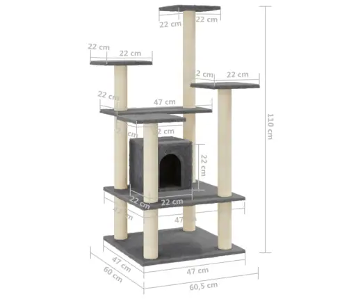 Kaķu Māja Ar Sizala Stabiem Nagu Asināšanai, 110 Cm, Pelēka Vidaxl