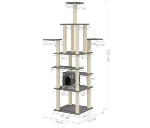 Kaķu Māja Ar Sizala Stabiem Nagu Asināšanai, 183 Cm, Pelēka Vidaxl
