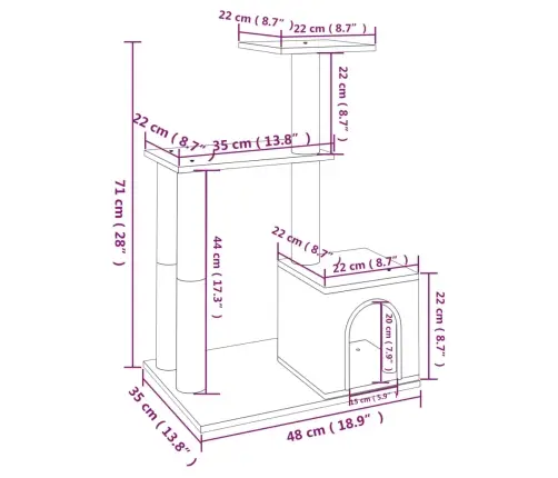 Kaķu Māja Ar Sizala Stabiem Nagu Asināšanai, 71 Cm, Pelēka Vidaxl