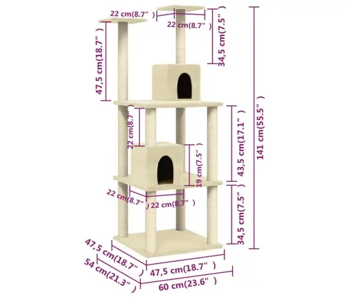 Kaķu Māja Ar Sizala Stabiem Nagu Asināšanai, 141 Cm, Krēmkrāsas Vidaxl