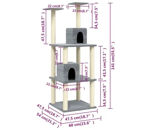 Kassimaja Sisalköitega Kraapimispostidega, Helehall, 141 Cm