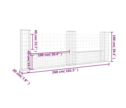 Gabionų Krepšiai Su 3 Kolonomis, 260X20X100cm Geležis