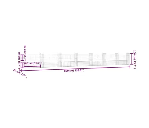 Gabionu Siena Ar 8 Stabiem, U-Forma, Dzelzs, 860X20X100 Cm Vidaxl