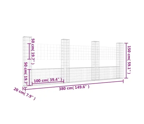 Gabionu Siena Ar 4 Stabiem, U-Forma, Dzelzs, 380X20X150 Cm Vidaxl