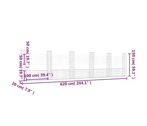 Gabionu Siena Ar 6 Stabiem, U-Forma, Dzelzs, 620X20X150 Cm Vidaxl Gabionu Siena Ar 6 Stabiem, U-Forma, Dzelzs, 620X20X150 Cm Vidaxl