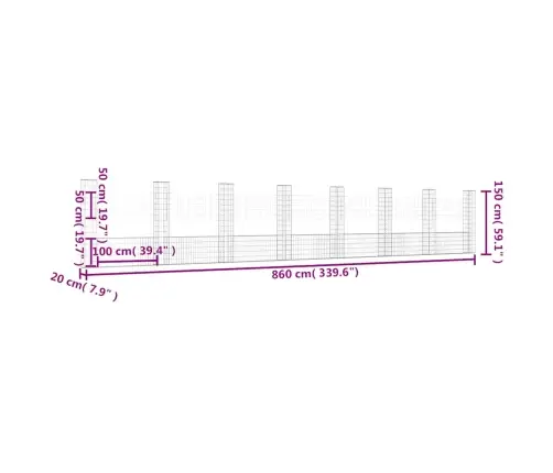 Gabionu Siena Ar 8 Stabiem, U-Forma, Dzelzs, 860X20X150 Cm Vidaxl