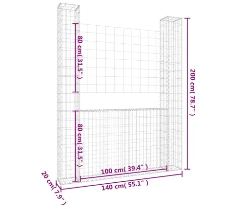 Gabionu Siena Ar 2 Stabiem, U-Forma, Dzelzs, 140X20X200 Cm Vidaxl
