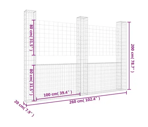 Gabionu Siena Ar 3 Stabiem, U-Forma, Dzelzs, 260X20X200 Cm Vidaxl