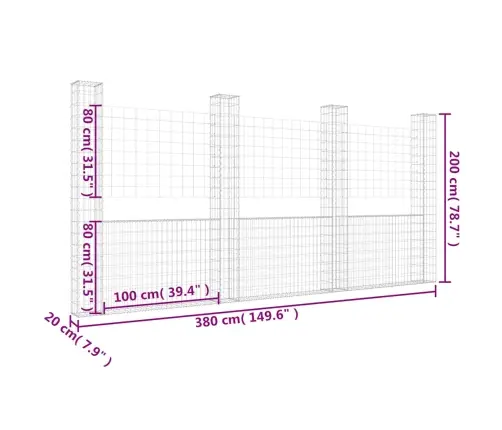 Gabionu Siena Ar 4 Stabiem, U-Forma, Dzelzs, 380X20X200 Cm Vidaxl