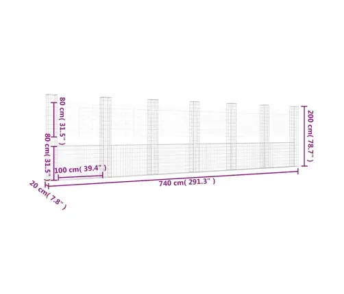 Gabionu Siena Ar 7 Stabiem, U-Forma, Dzelzs, 740X20X200 Cm Vidaxl