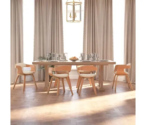 Valgomojo Kėdės, 6Vnt., Kreminės, Lenkta Mediena/Dirbtinė Oda