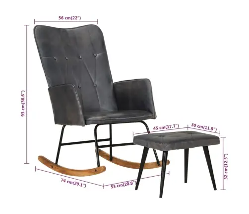 Šūpuļkrēsls Ar Kāju Balstu, Pelēka Dabīgā Āda Vidaxl