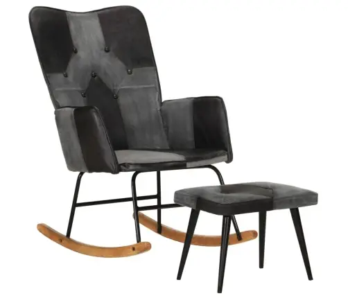 Šūpuļkrēsls Ar Kājsoliņu, Melna Dabīgā Āda Un Audums Vidaxl